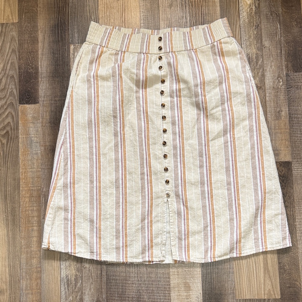 Striped Beige Button-Down A-Line Skirt